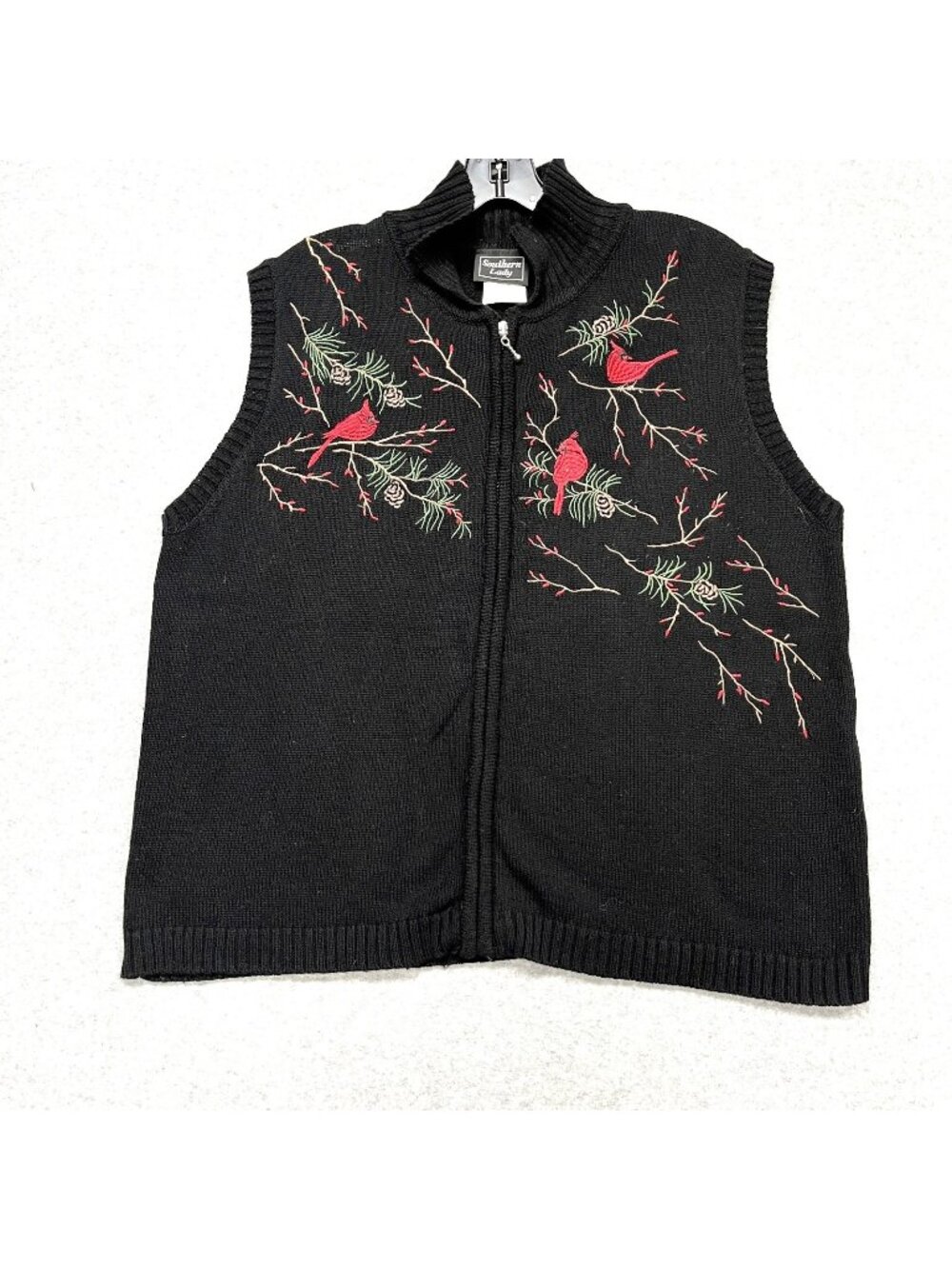 Vintage Southern Lady Women's Large Black Cardinal Embroidered Zip Sweater Vest